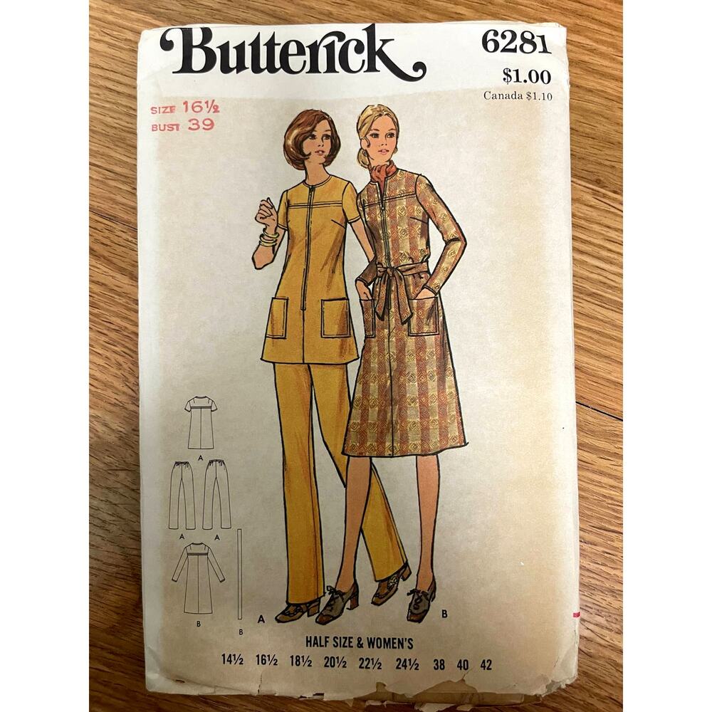 UNCUT Vintage 1970s Butterick 6281 Sewing Pattern Size 16 1/2 Dress Tunic Pants